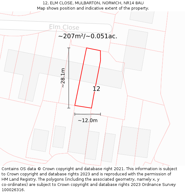 12, ELM CLOSE, MULBARTON, NORWICH, NR14 8AU: Plot and title map