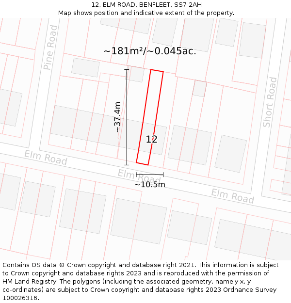 12, ELM ROAD, BENFLEET, SS7 2AH: Plot and title map