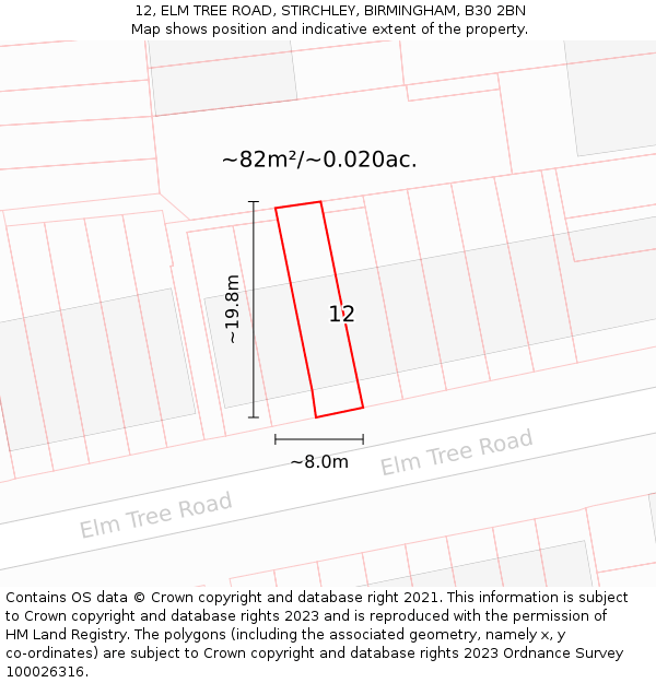 12, ELM TREE ROAD, STIRCHLEY, BIRMINGHAM, B30 2BN: Plot and title map
