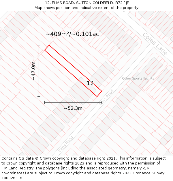 12, ELMS ROAD, SUTTON COLDFIELD, B72 1JF: Plot and title map