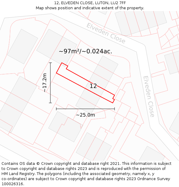 12, ELVEDEN CLOSE, LUTON, LU2 7FF: Plot and title map
