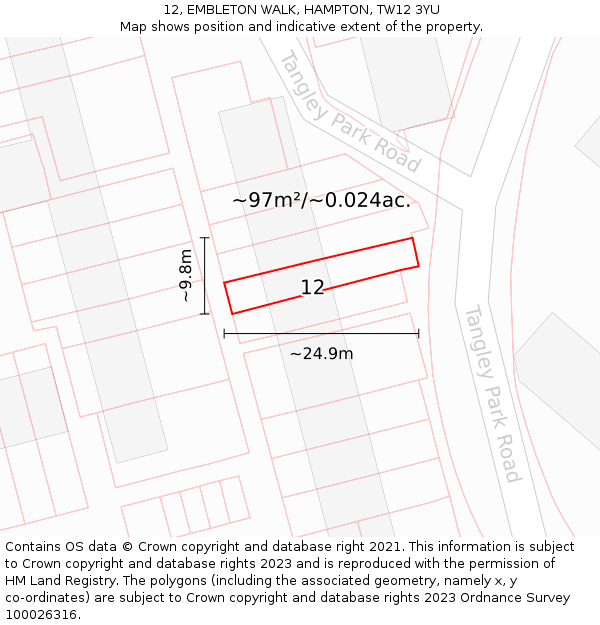 12, EMBLETON WALK, HAMPTON, TW12 3YU: Plot and title map