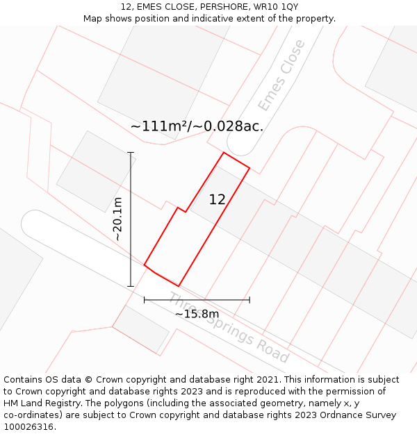 12, EMES CLOSE, PERSHORE, WR10 1QY: Plot and title map