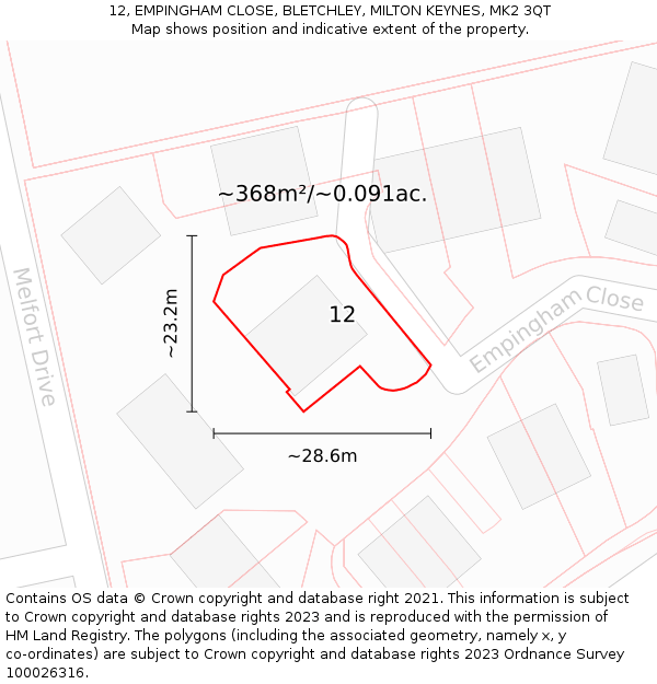 12, EMPINGHAM CLOSE, BLETCHLEY, MILTON KEYNES, MK2 3QT: Plot and title map