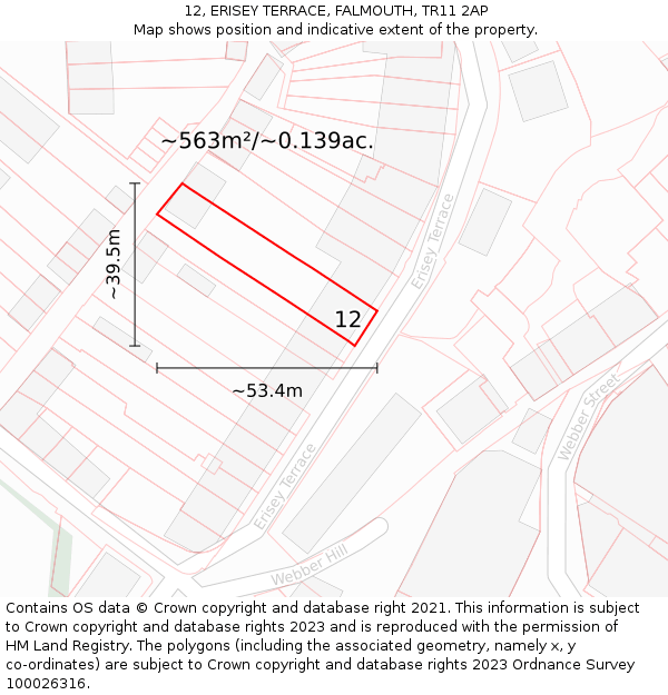 12, ERISEY TERRACE, FALMOUTH, TR11 2AP: Plot and title map