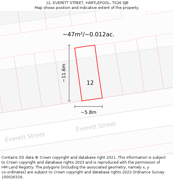 12, EVERETT STREET, HARTLEPOOL, TS26 0JB: Plot and title map