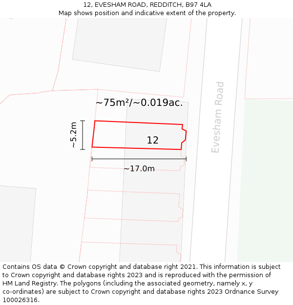 12, EVESHAM ROAD, REDDITCH, B97 4LA: Plot and title map