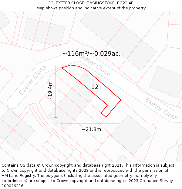 12, EXETER CLOSE, BASINGSTOKE, RG22 4PJ: Plot and title map