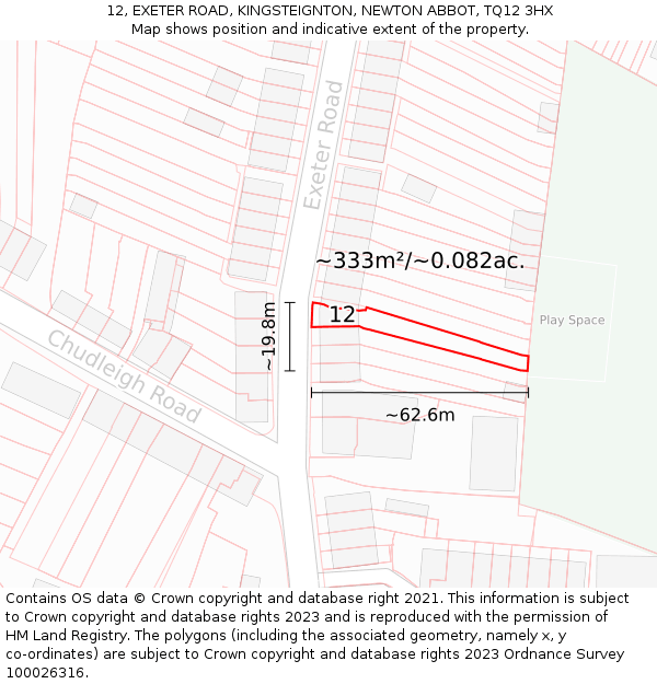 12, EXETER ROAD, KINGSTEIGNTON, NEWTON ABBOT, TQ12 3HX: Plot and title map