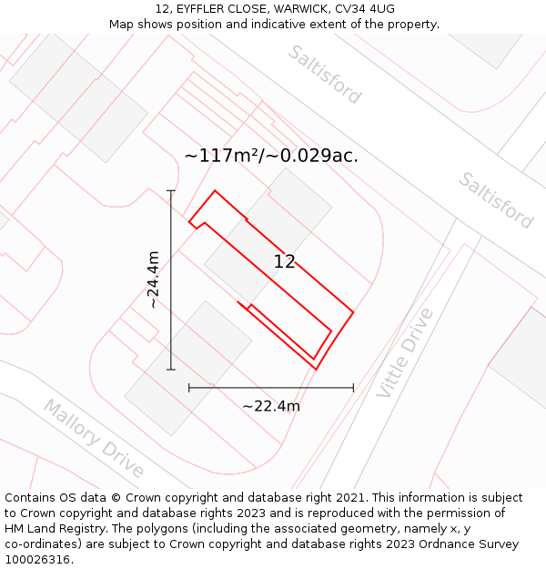12, EYFFLER CLOSE, WARWICK, CV34 4UG: Plot and title map