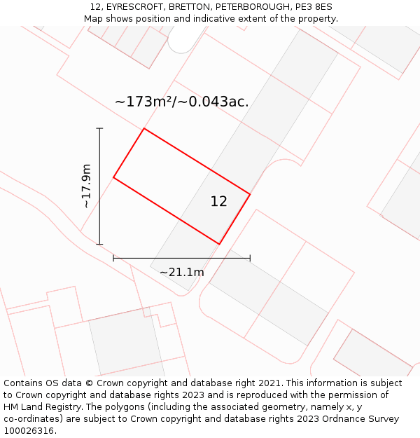 12, EYRESCROFT, BRETTON, PETERBOROUGH, PE3 8ES: Plot and title map