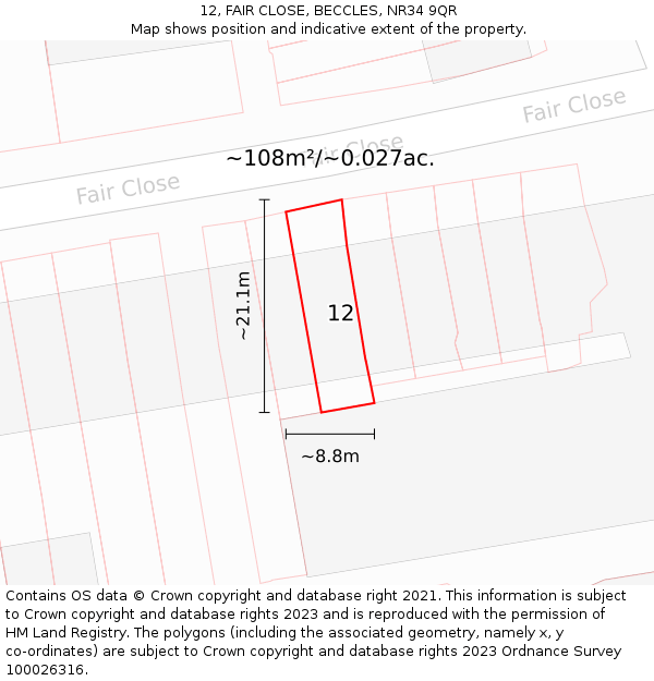 12, FAIR CLOSE, BECCLES, NR34 9QR: Plot and title map