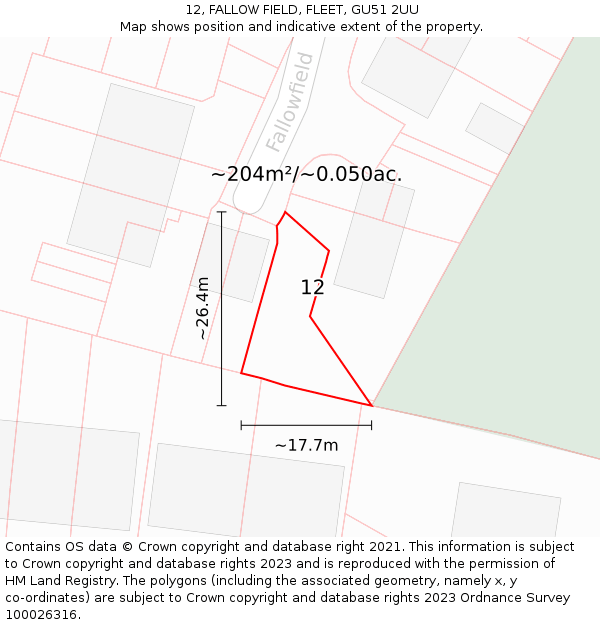12, FALLOW FIELD, FLEET, GU51 2UU: Plot and title map