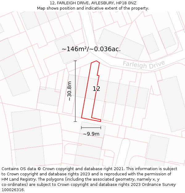 12, FARLEIGH DRIVE, AYLESBURY, HP18 0NZ: Plot and title map