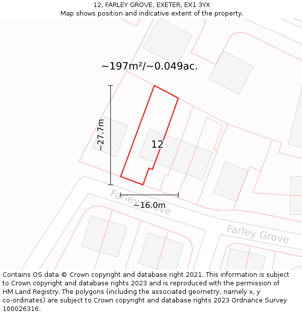 12, FARLEY GROVE, EXETER, EX1 3YX: Plot and title map