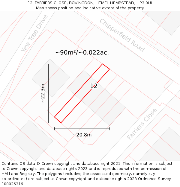 12, FARRIERS CLOSE, BOVINGDON, HEMEL HEMPSTEAD, HP3 0UL: Plot and title map
