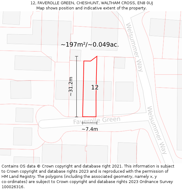 12, FAVEROLLE GREEN, CHESHUNT, WALTHAM CROSS, EN8 0UJ: Plot and title map