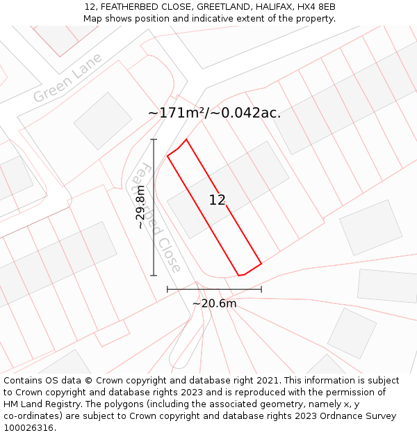 12, FEATHERBED CLOSE, GREETLAND, HALIFAX, HX4 8EB: Plot and title map