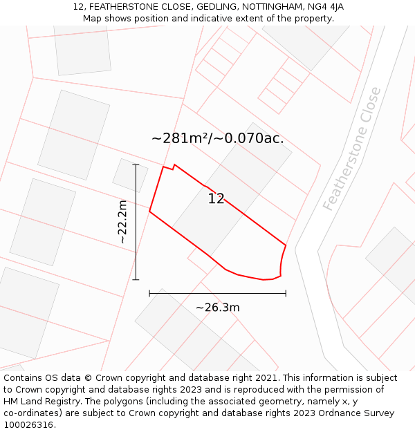 12, FEATHERSTONE CLOSE, GEDLING, NOTTINGHAM, NG4 4JA: Plot and title map