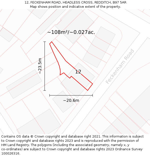 12, FECKENHAM ROAD, HEADLESS CROSS, REDDITCH, B97 5AR: Plot and title map