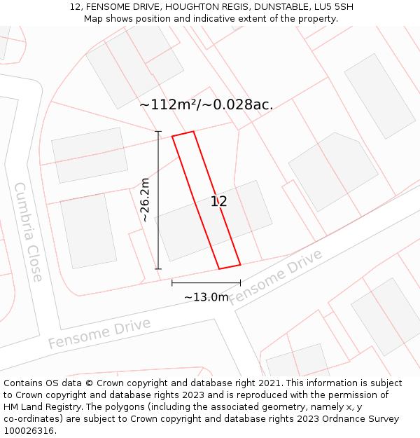 12, FENSOME DRIVE, HOUGHTON REGIS, DUNSTABLE, LU5 5SH: Plot and title map