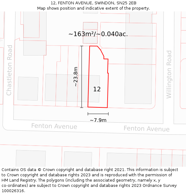 12, FENTON AVENUE, SWINDON, SN25 2EB: Plot and title map