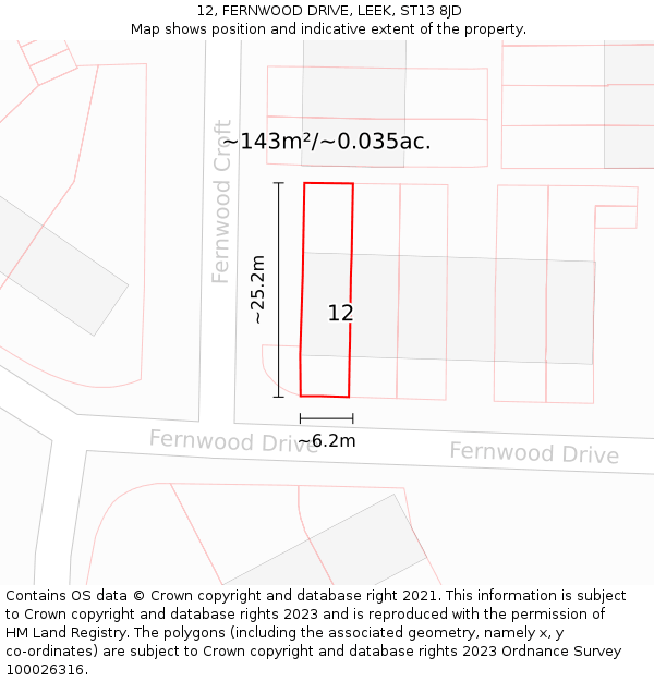 12, FERNWOOD DRIVE, LEEK, ST13 8JD: Plot and title map