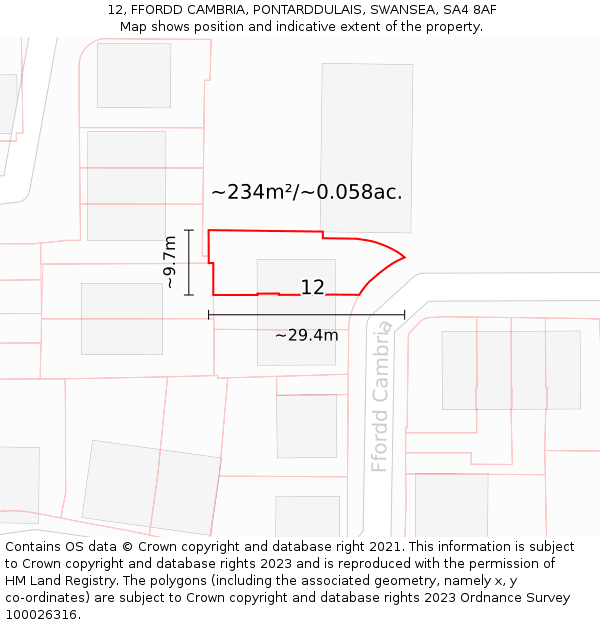 12, FFORDD CAMBRIA, PONTARDDULAIS, SWANSEA, SA4 8AF: Plot and title map