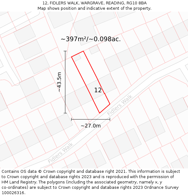 12, FIDLERS WALK, WARGRAVE, READING, RG10 8BA: Plot and title map