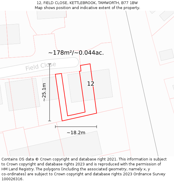 12, FIELD CLOSE, KETTLEBROOK, TAMWORTH, B77 1BW: Plot and title map