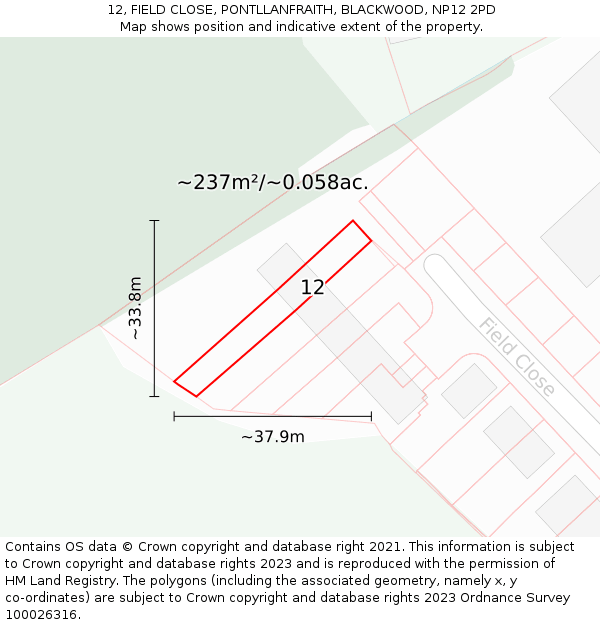 12, FIELD CLOSE, PONTLLANFRAITH, BLACKWOOD, NP12 2PD: Plot and title map