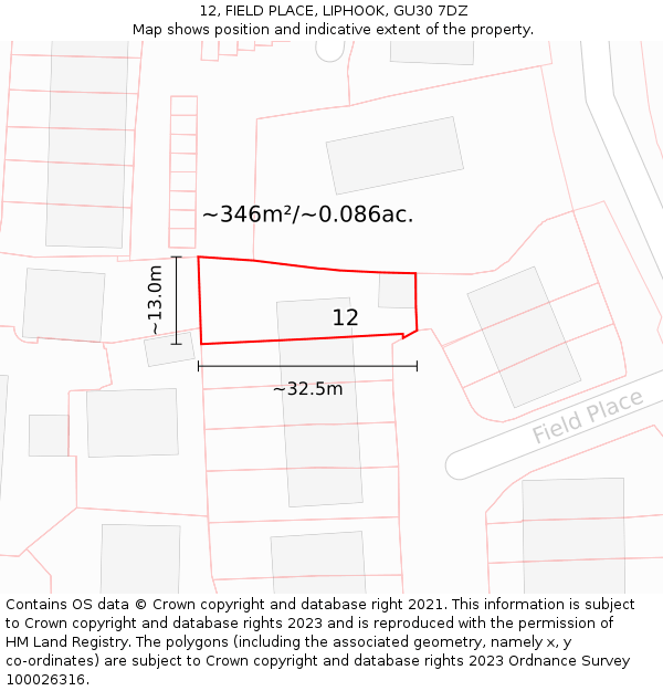 12, FIELD PLACE, LIPHOOK, GU30 7DZ: Plot and title map