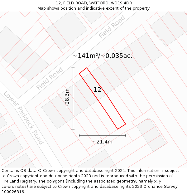 12, FIELD ROAD, WATFORD, WD19 4DR: Plot and title map