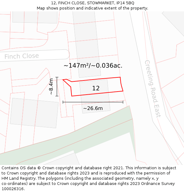 12, FINCH CLOSE, STOWMARKET, IP14 5BQ: Plot and title map