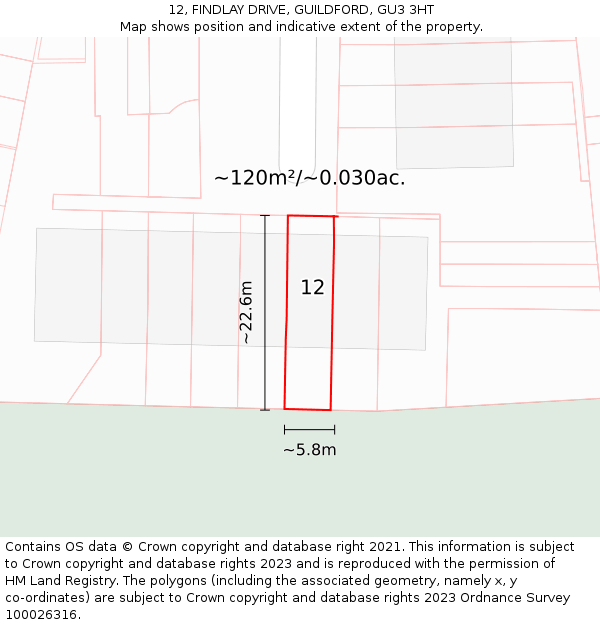 12, FINDLAY DRIVE, GUILDFORD, GU3 3HT: Plot and title map