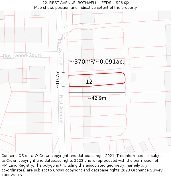 12, FIRST AVENUE, ROTHWELL, LEEDS, LS26 0JX: Plot and title map