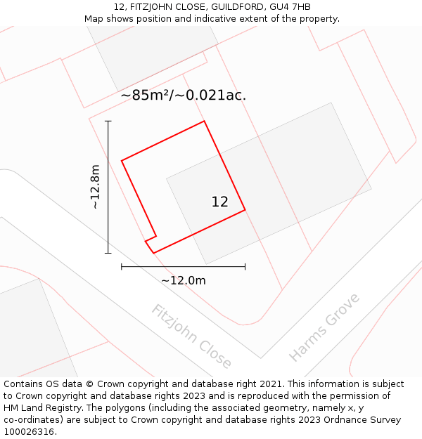 12, FITZJOHN CLOSE, GUILDFORD, GU4 7HB: Plot and title map