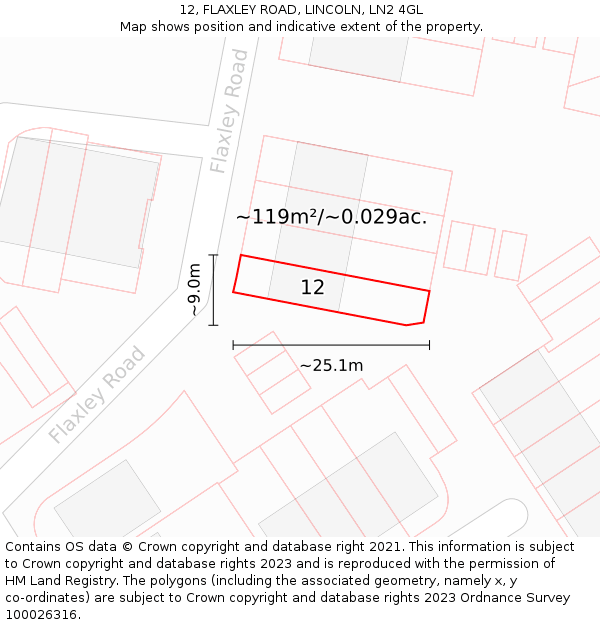 12, FLAXLEY ROAD, LINCOLN, LN2 4GL: Plot and title map