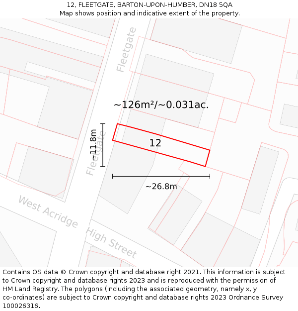 12, FLEETGATE, BARTON-UPON-HUMBER, DN18 5QA: Plot and title map