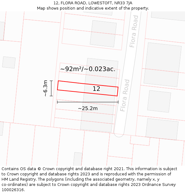 12, FLORA ROAD, LOWESTOFT, NR33 7JA: Plot and title map