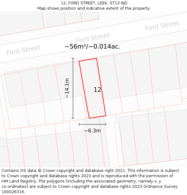 12, FORD STREET, LEEK, ST13 6JD: Plot and title map