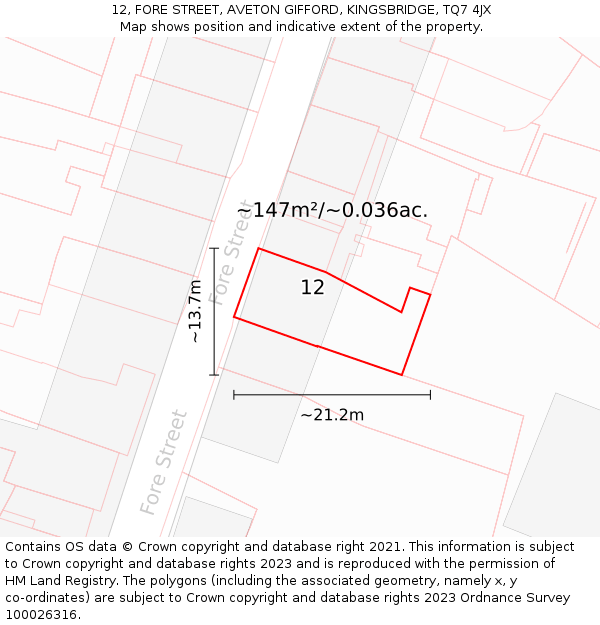 12, FORE STREET, AVETON GIFFORD, KINGSBRIDGE, TQ7 4JX: Plot and title map