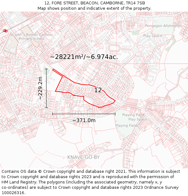 12, FORE STREET, BEACON, CAMBORNE, TR14 7SB: Plot and title map