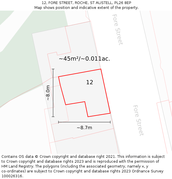 12, FORE STREET, ROCHE, ST AUSTELL, PL26 8EP: Plot and title map