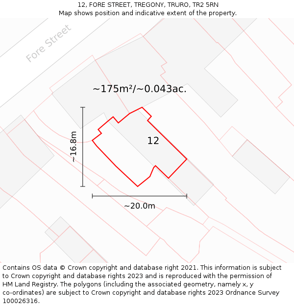 12, FORE STREET, TREGONY, TRURO, TR2 5RN: Plot and title map