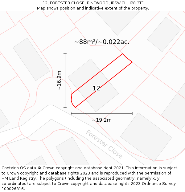 12, FORESTER CLOSE, PINEWOOD, IPSWICH, IP8 3TF: Plot and title map