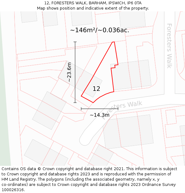 12, FORESTERS WALK, BARHAM, IPSWICH, IP6 0TA: Plot and title map