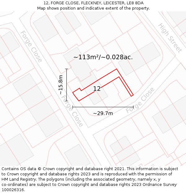 12, FORGE CLOSE, FLECKNEY, LEICESTER, LE8 8DA: Plot and title map