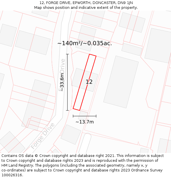 12, FORGE DRIVE, EPWORTH, DONCASTER, DN9 1JN: Plot and title map