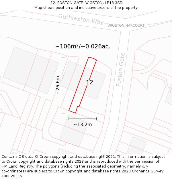12, FOSTON GATE, WIGSTON, LE18 3SD: Plot and title map
